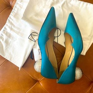 Paul Andrew Teal Satin Silver Crystal Ball Heels
